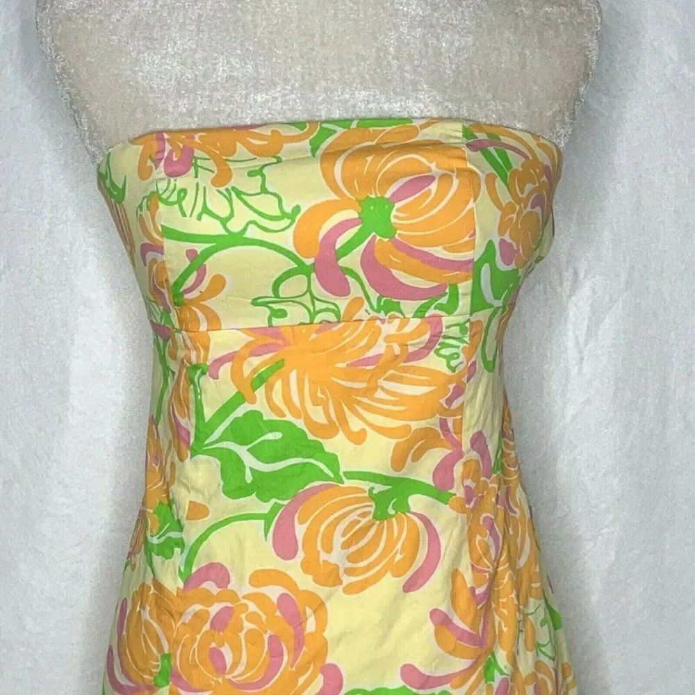 Lilly Pulitzer Strapless Dress 2 Yellow Floral Side Zip Back Bow Bodice Boning